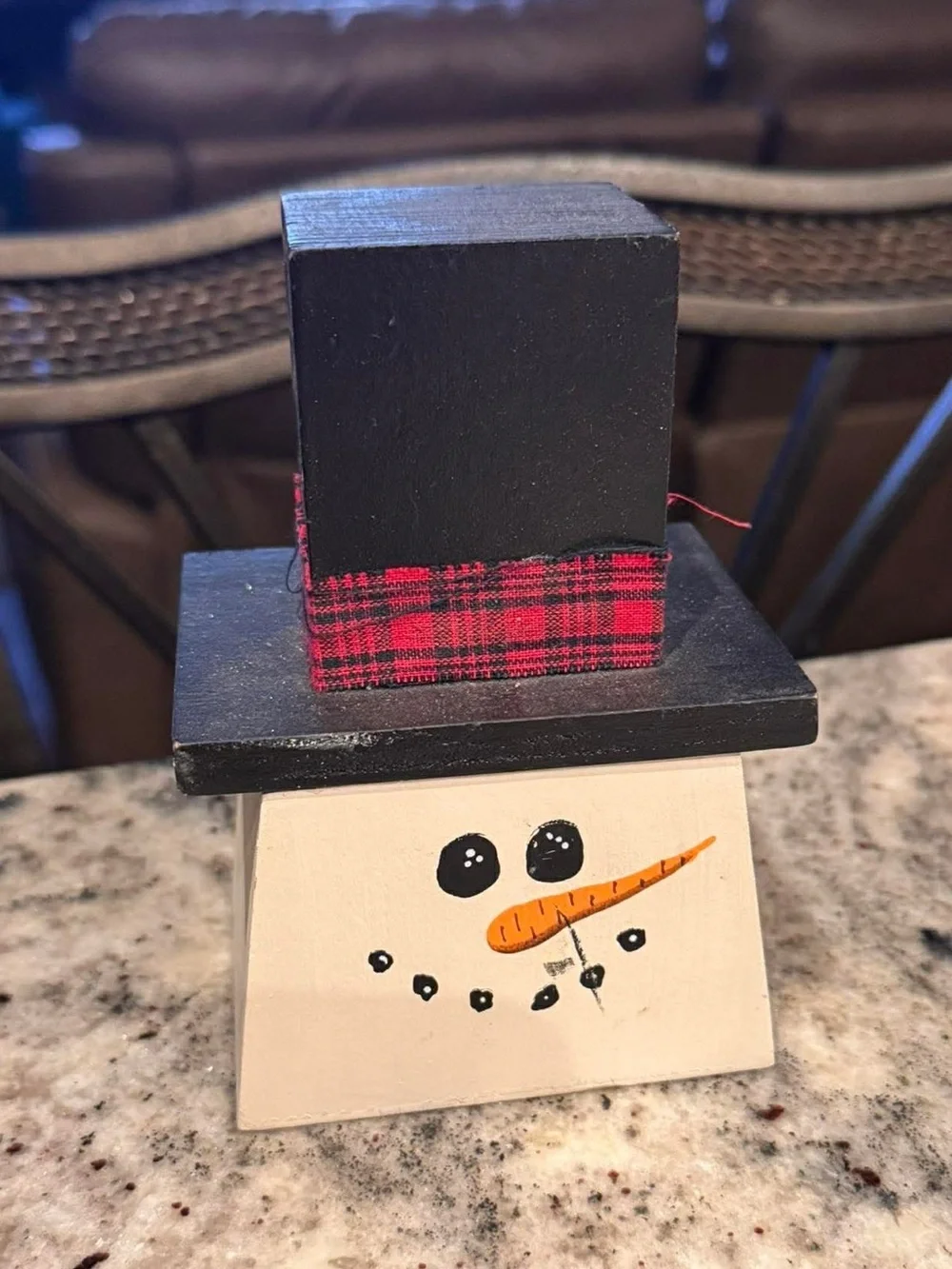 Snowman box Tabletop Decor with Black Hat and Red Plaid Accent 6in tall